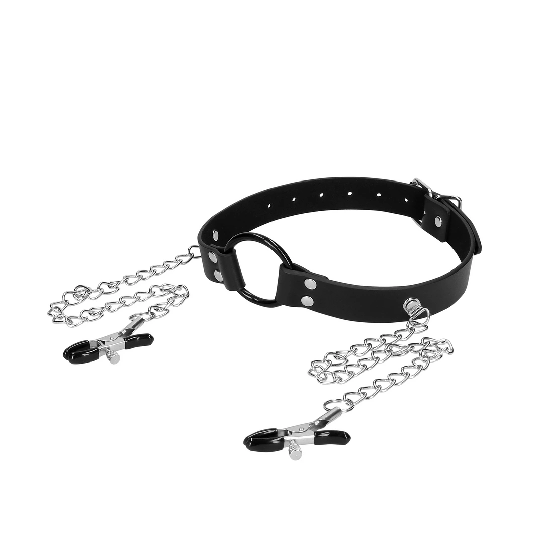 O-Ring Gag with Nipple Clamps - Black - Image 5