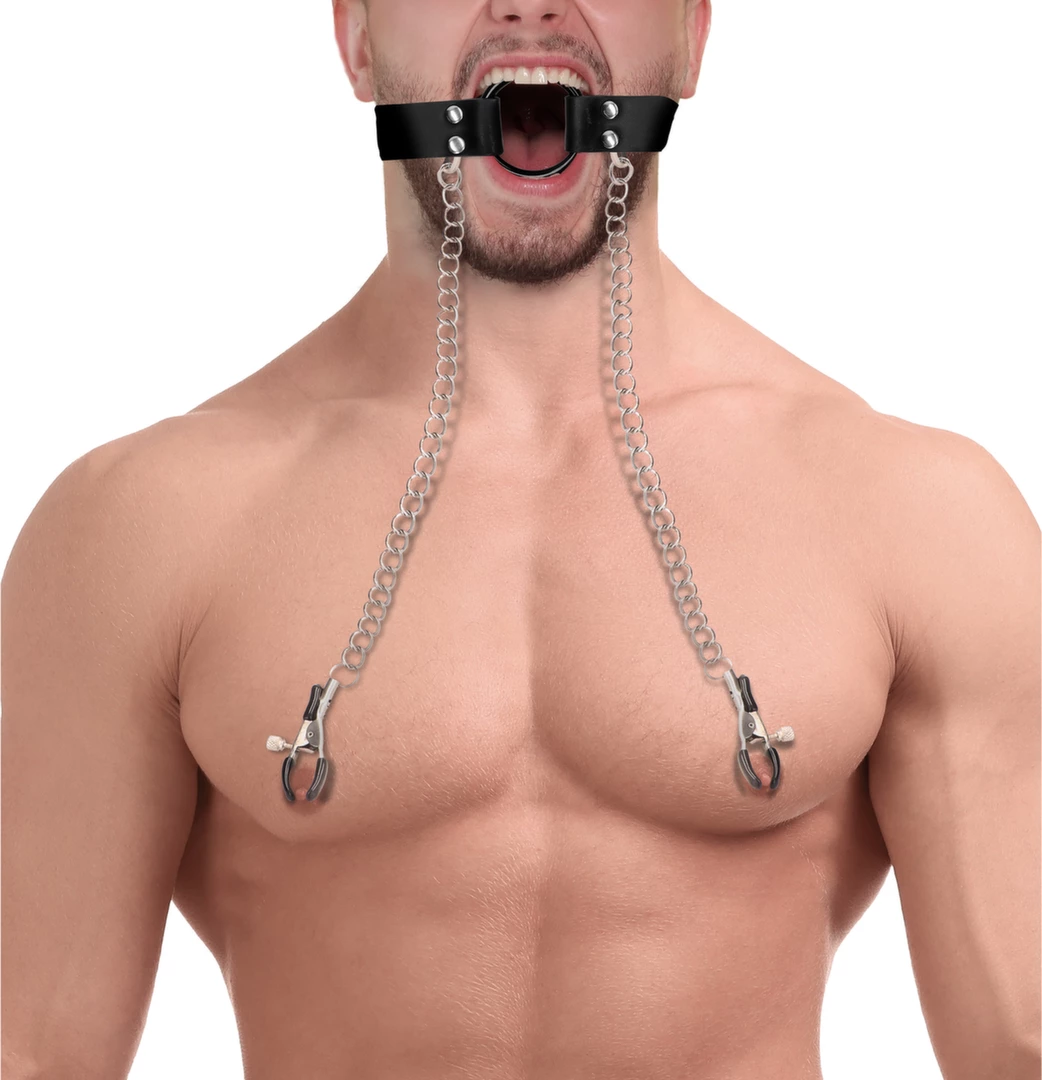 O-Ring Gag with Nipple Clamps - Black - Image 2